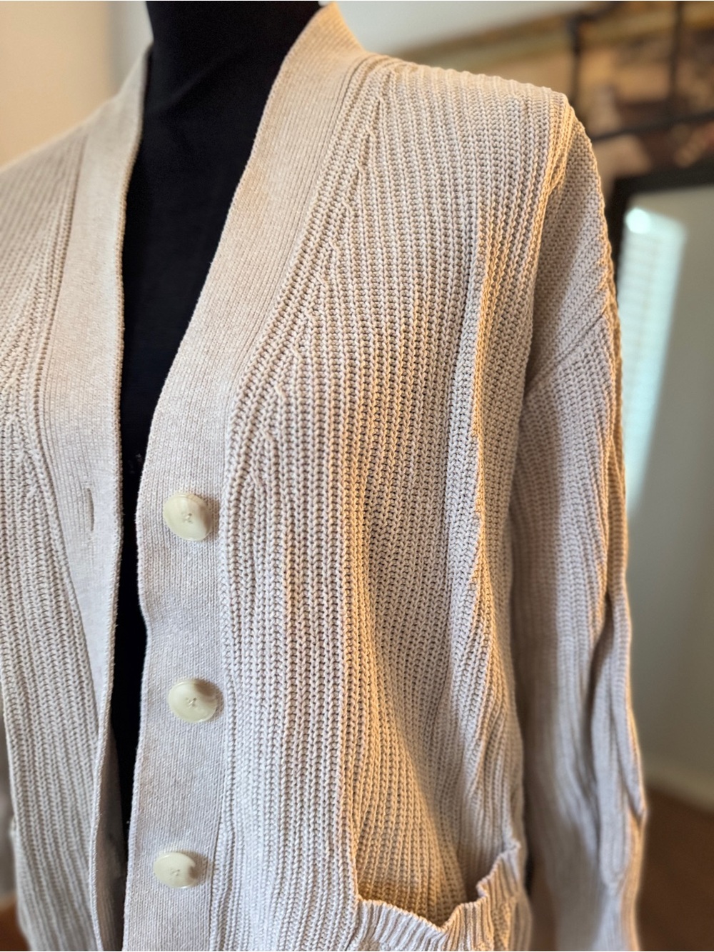 LOFT Cream Ribbed Button-Front Cardigan - Picture 2 of 5